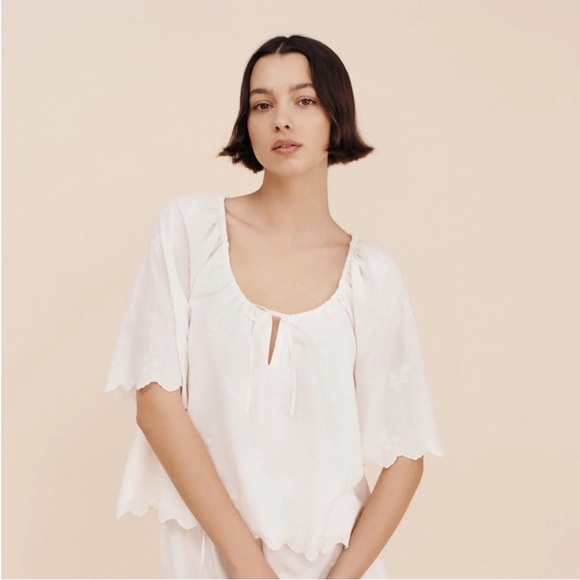 Posse Tops - Posse Small Dahlia Embroidered Blouse in Vintage White